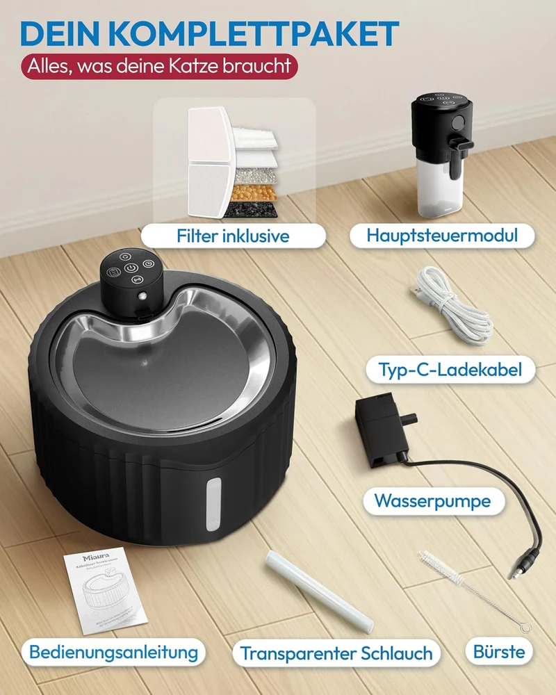 Miaura® Katzenbrunnen kabellos und super leise - Trinkbrunnen für Katze 2.8L Kapazität - Katzen Trin