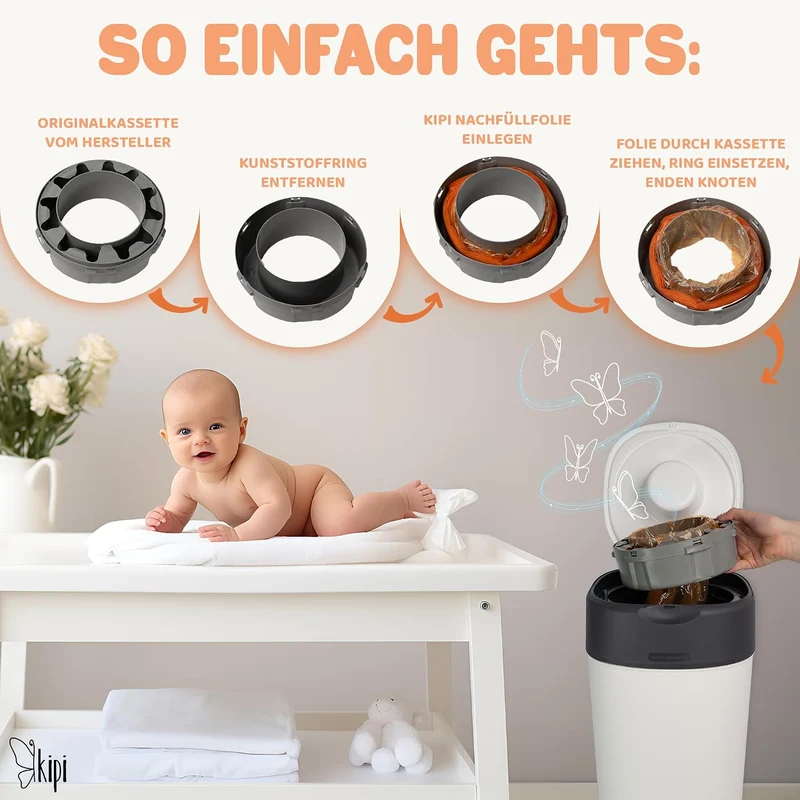 Kipi XXL Nachfüllfolie für Windeleimer - 4 Stück Nachfüllkassetten für Runde und Achteckige Modelle,