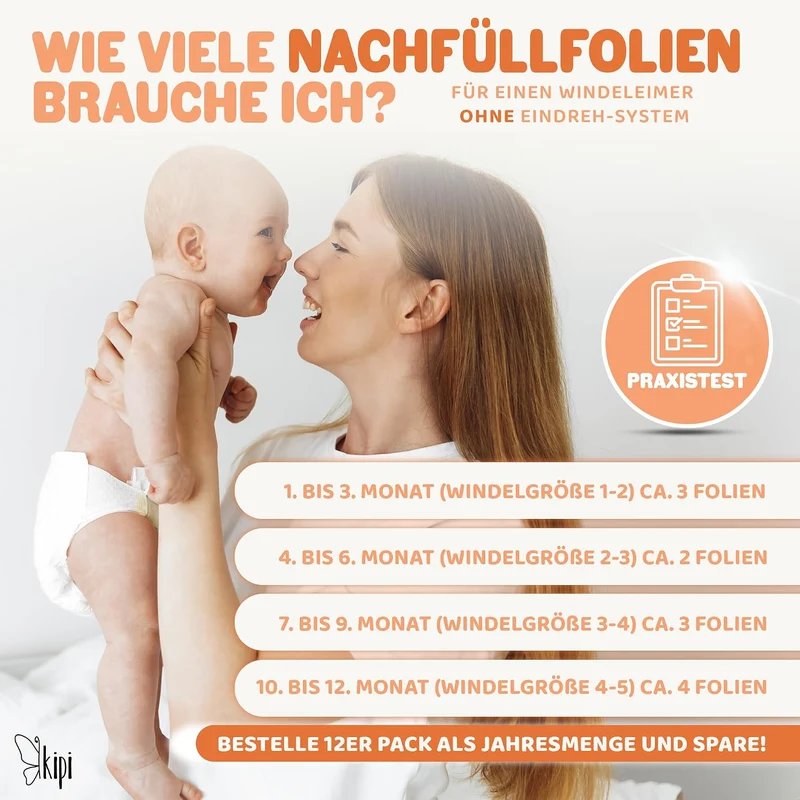 Kipi XXL Nachfüllfolie für Windeleimer - 4 Stück Nachfüllkassetten für Runde und Achteckige Modelle,