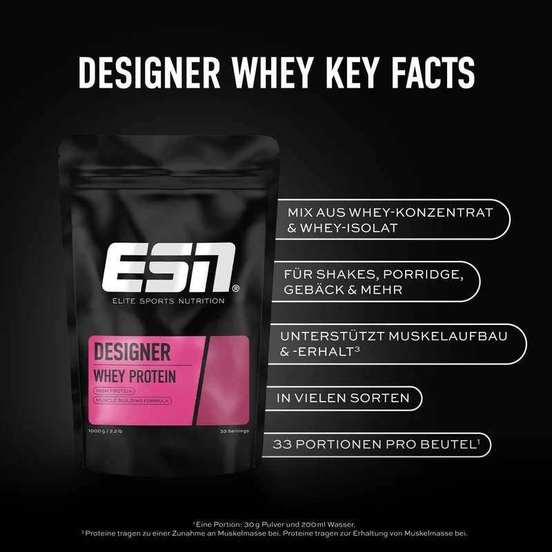 ESN Designer Whey Protein Pulver, Vanilla, 1 kg Vanille, Vanille