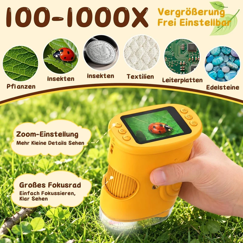 Digitales Mikroskop für Kinder, 1000X, Foto & Video (Gelb), Gelb