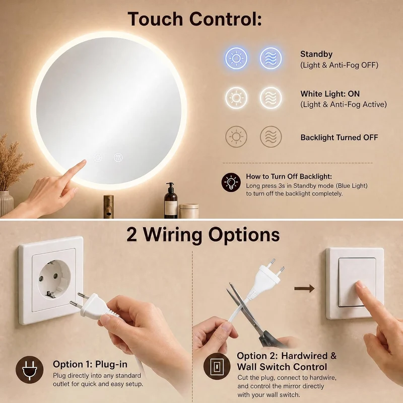Clevich LED Badspiegel mit Beleuchtung Rund 60 cm - Runder Wandspiegel Bad Rund 60L x 60B cm LED Bad
