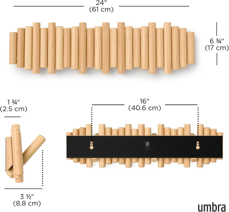 Umbra Picket Garderobenhaken Wandgarderobe, 8 Klapphaken, Natur 8 Haken Natur, 8 Haken Natur