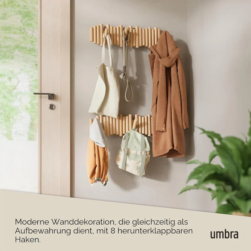 Umbra Picket Garderobenhaken Wandgarderobe, 8 Klapphaken, Natur 8 Haken Natur, 8 Haken Natur