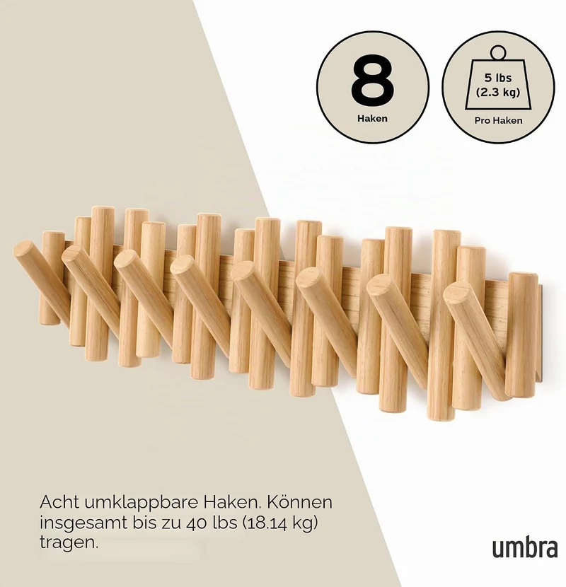 Umbra Picket Garderobenhaken Wandgarderobe, 8 Klapphaken, Natur 8 Haken Natur, 8 Haken Natur