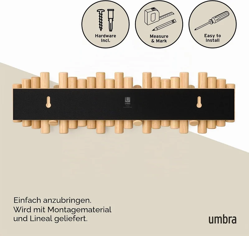 Umbra Picket Garderobenhaken Wandgarderobe, 8 Klapphaken, Natur 8 Haken Natur, 8 Haken Natur