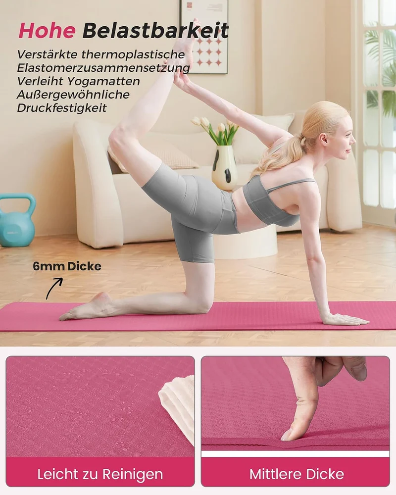 Oak & Tea Yogamatte Rutschfest Fitnessmatte Umweltfreundliche TPE Sportmatte mit Tragegurt Gymnastik