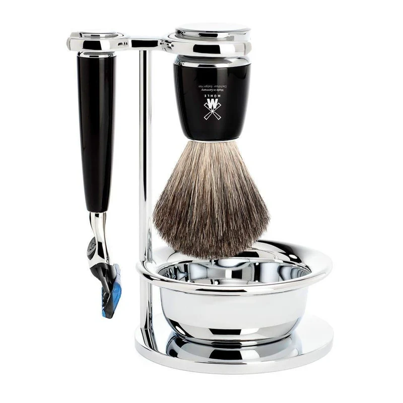 MÜHLE Rasierset mit Schale - Rytmo Serie - Reines Dachshaar - kompatibel mit Gillette-Klingen - Edel