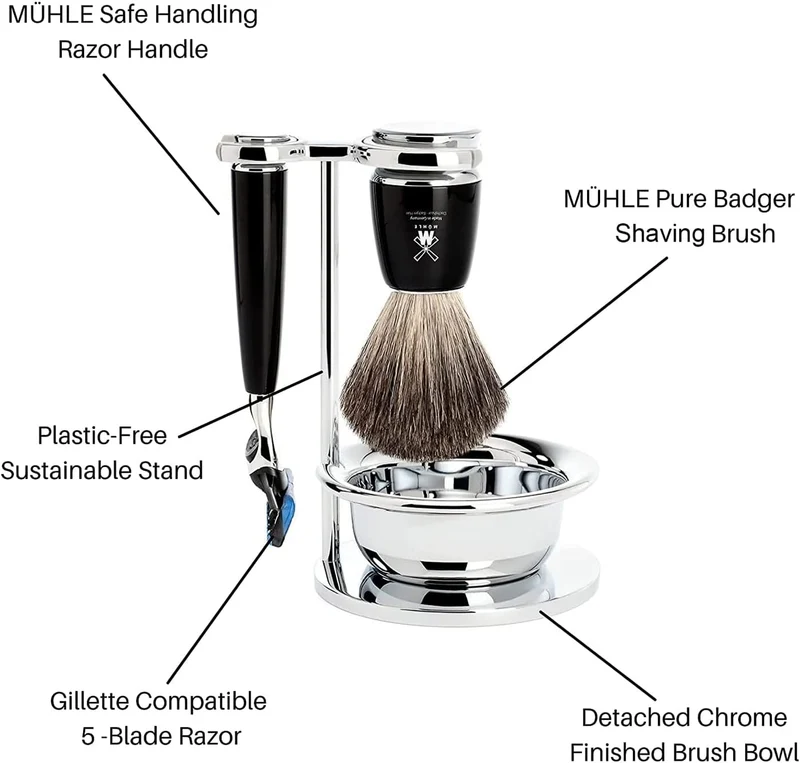 MÜHLE Rasierset mit Schale - Rytmo Serie - Reines Dachshaar - kompatibel mit Gillette-Klingen - Edel