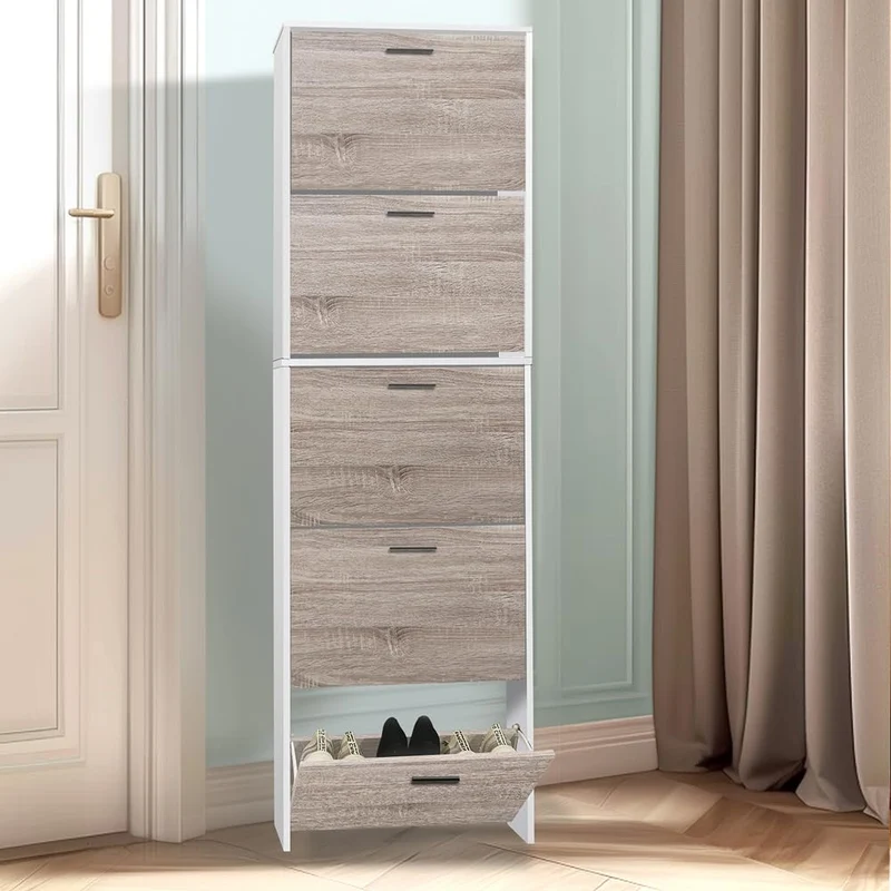 CASABEL Schuhschrank kompakt 15 Paar, Holztüren, weisser Rahmen Holz mit Weiss 5 Türen, Holz mit Wei