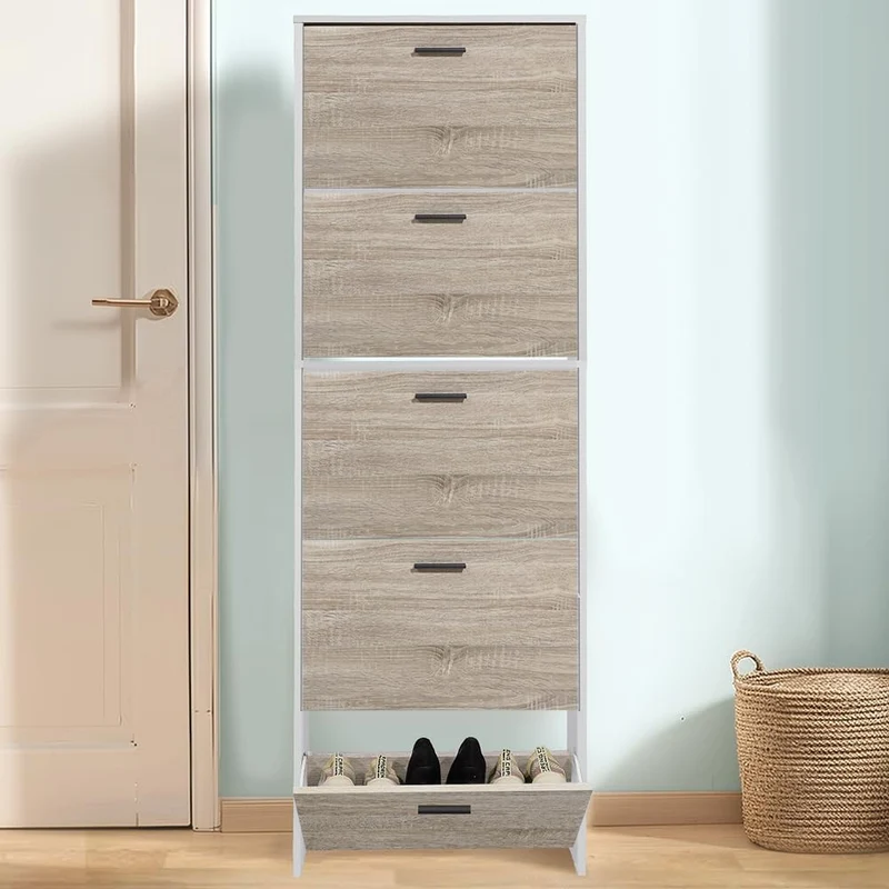 CASABEL Schuhschrank kompakt 15 Paar, Holztüren, weisser Rahmen Holz mit Weiss 5 Türen, Holz mit Wei