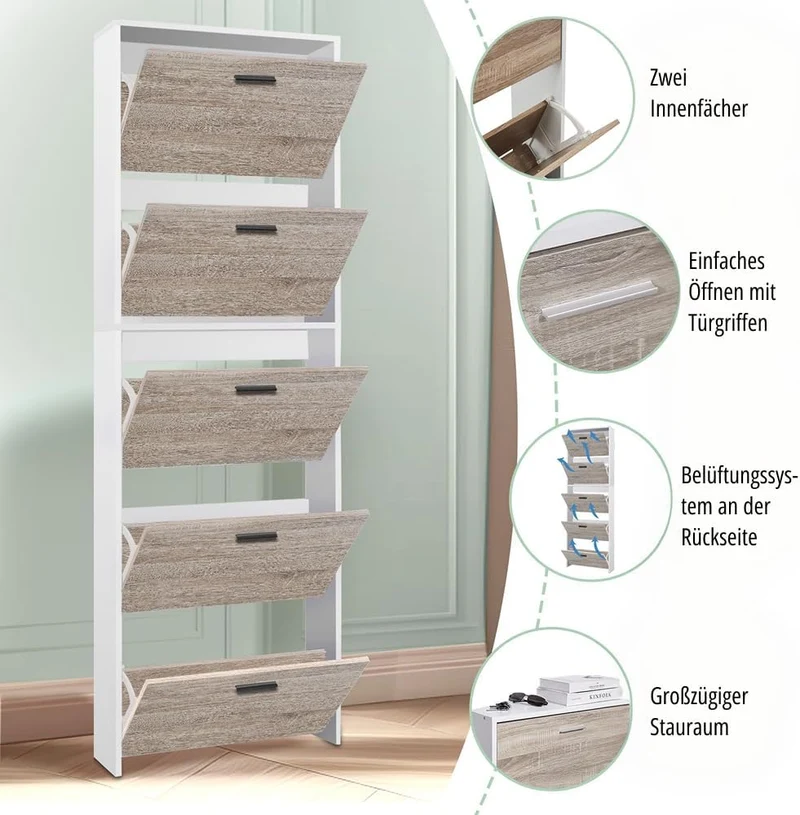 CASABEL Schuhschrank kompakt 15 Paar, Holztüren, weisser Rahmen Holz mit Weiss 5 Türen, Holz mit Wei
