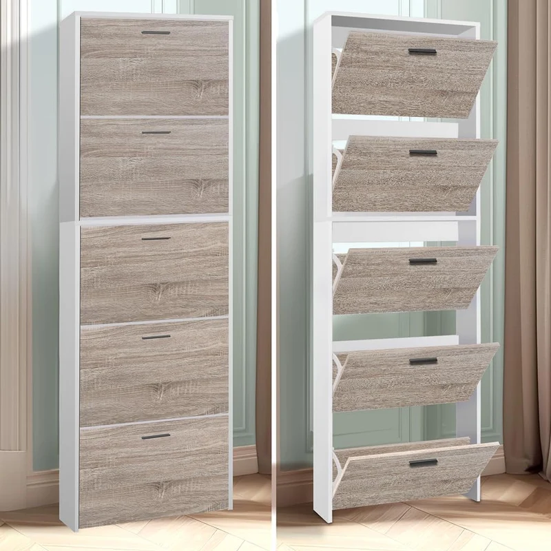 CASABEL Schuhschrank kompakt 15 Paar, Holztüren, weisser Rahmen Holz mit Weiss 5 Türen, Holz mit Wei