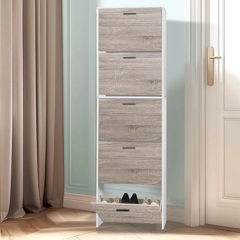 CASABEL Schuhschrank kompakt 15 Paar, Holztüren, weisser Rahmen Holz mit Weiss 5 Türen, Holz mit Wei