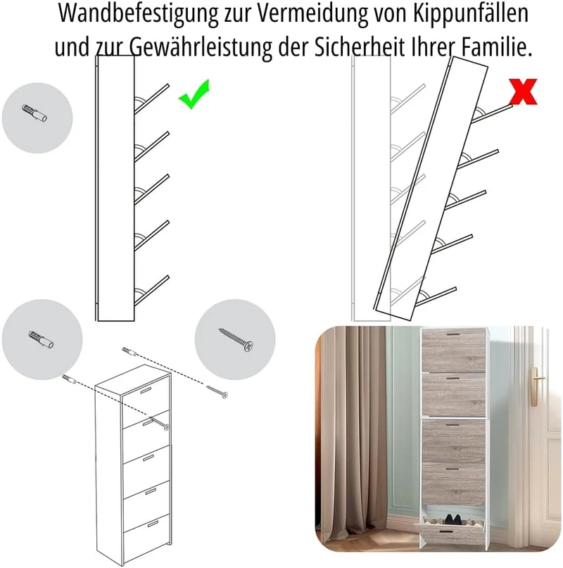 CASABEL Schuhschrank kompakt 15 Paar, Holztüren, weisser Rahmen Holz mit Weiss 5 Türen, Holz mit Wei