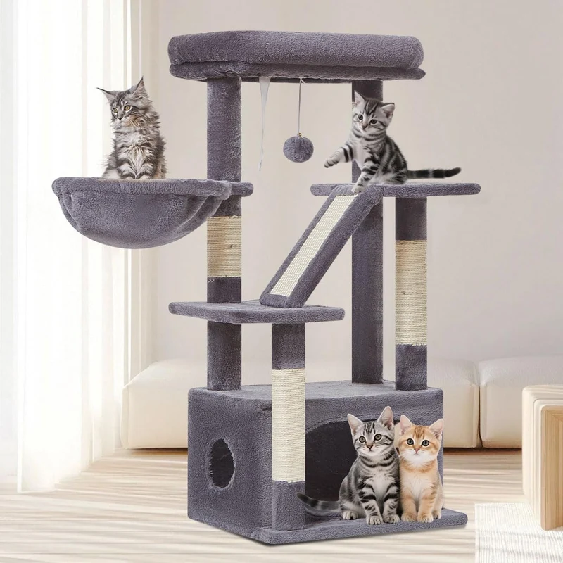 Taoqimiao Kratzbaum Klein, 98cm katzenbaum Stabil KatzenKratzbaum Cat Tree mit Katzenhaus, Korb, 4 K