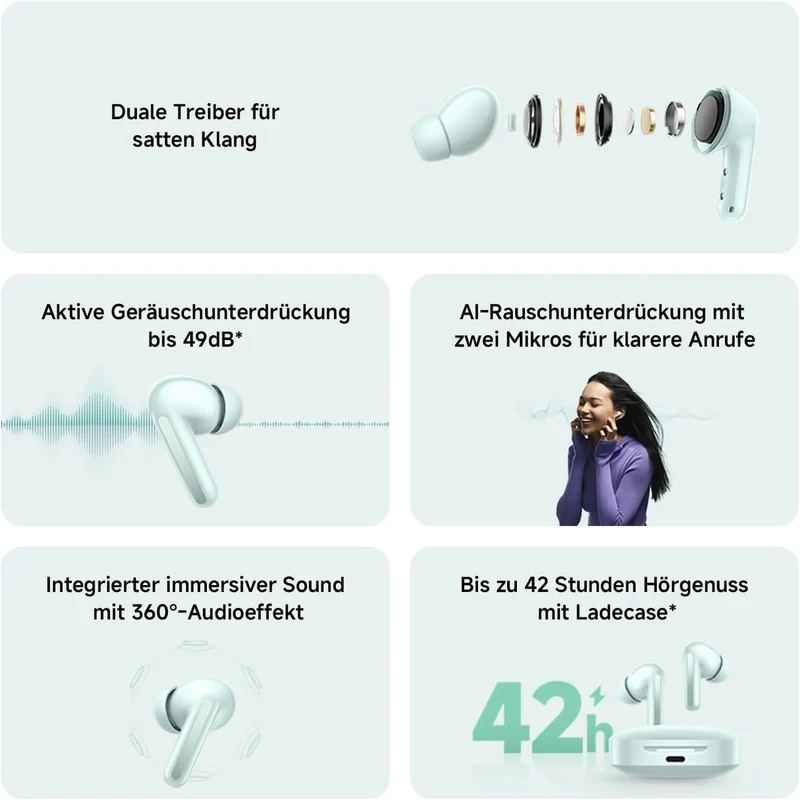 Xiaomi Redmi Buds 6 – Kabellose Bluetooth-In-Ear-Kopfhörer, Dual-Treiber, immersiver Sound, 49 dB ak