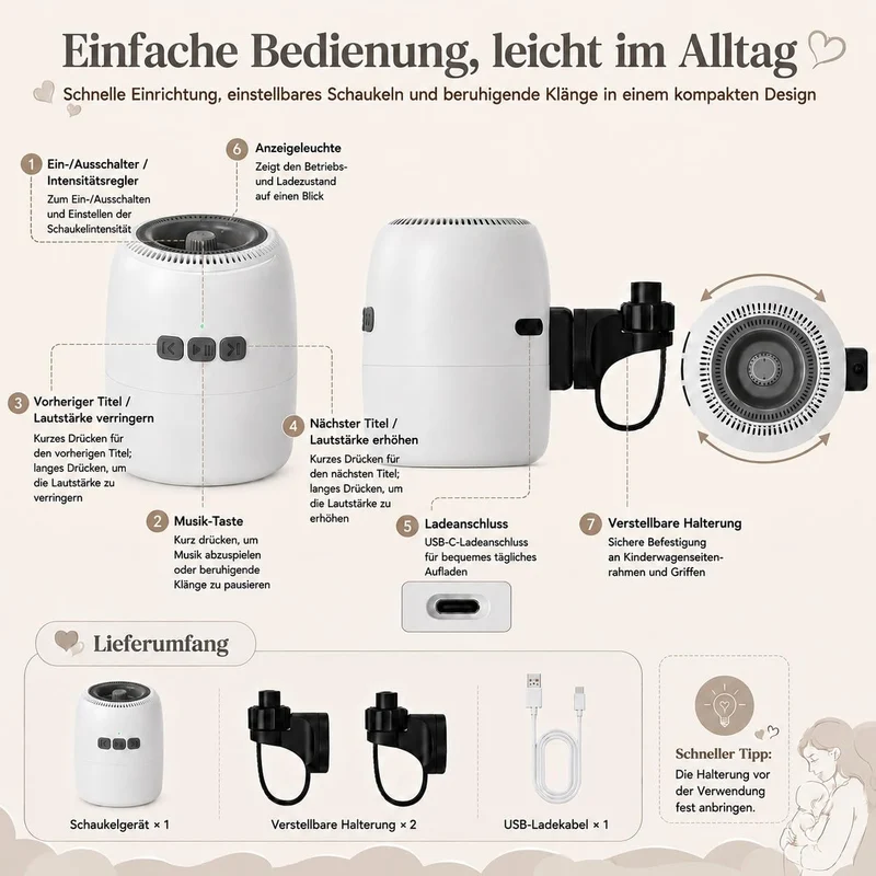Kinderwagen Schaukler Baby, Automatischer Kinderwagen Rocker mit 5 Schaukelstufen & 10 Beruhigungsge