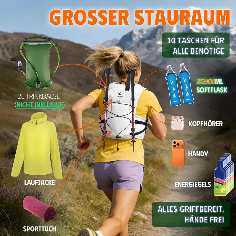 Laufweste Damen mit 2 Faltbare Trinkflasche 500ml, Trinkweste Laufen Herren, Running Vest Laufrucksa