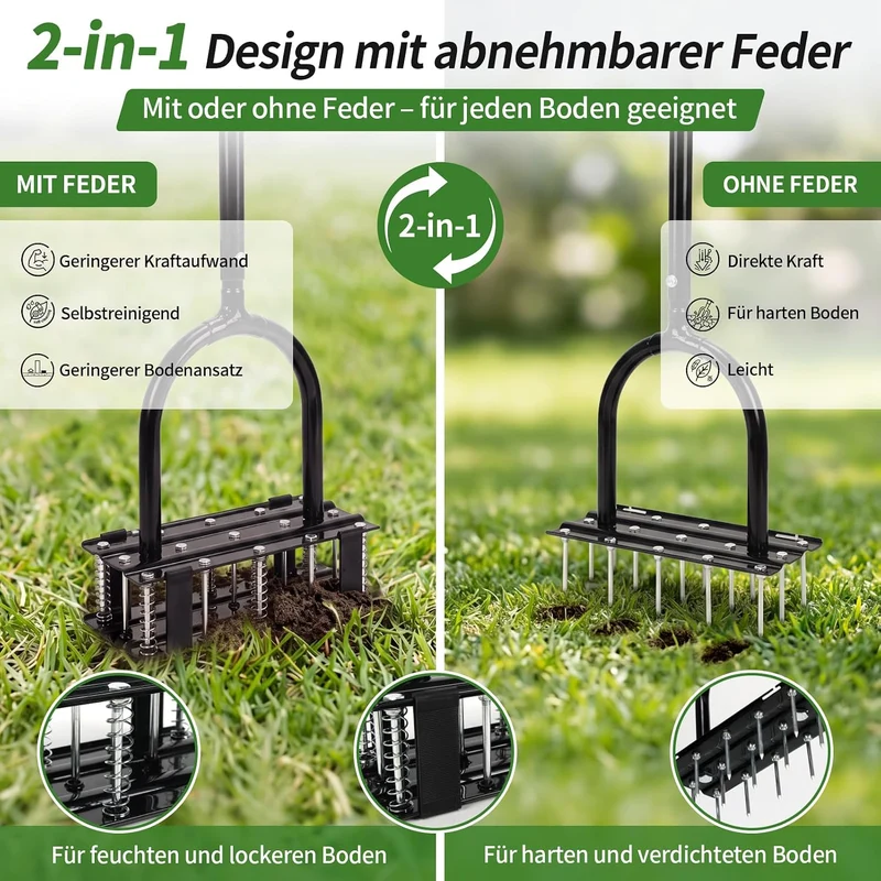 EYMPEU Rasenlüfter mit 15 Stahlspitzen, 2-in-1 Rasenbelüfter mit 6 Rückholfedern, Manueller Aerifizi