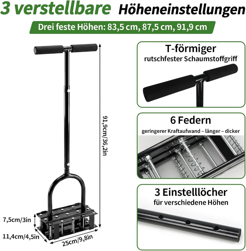 EYMPEU Rasenlüfter mit 15 Stahlspitzen, 2-in-1 Rasenbelüfter mit 6 Rückholfedern, Manueller Aerifizi