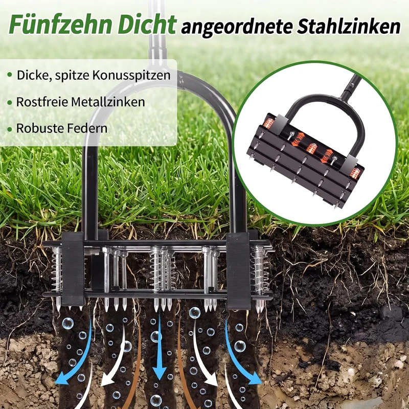 EYMPEU Rasenlüfter mit 15 Stahlspitzen, 2-in-1 Rasenbelüfter mit 6 Rückholfedern, Manueller Aerifizi