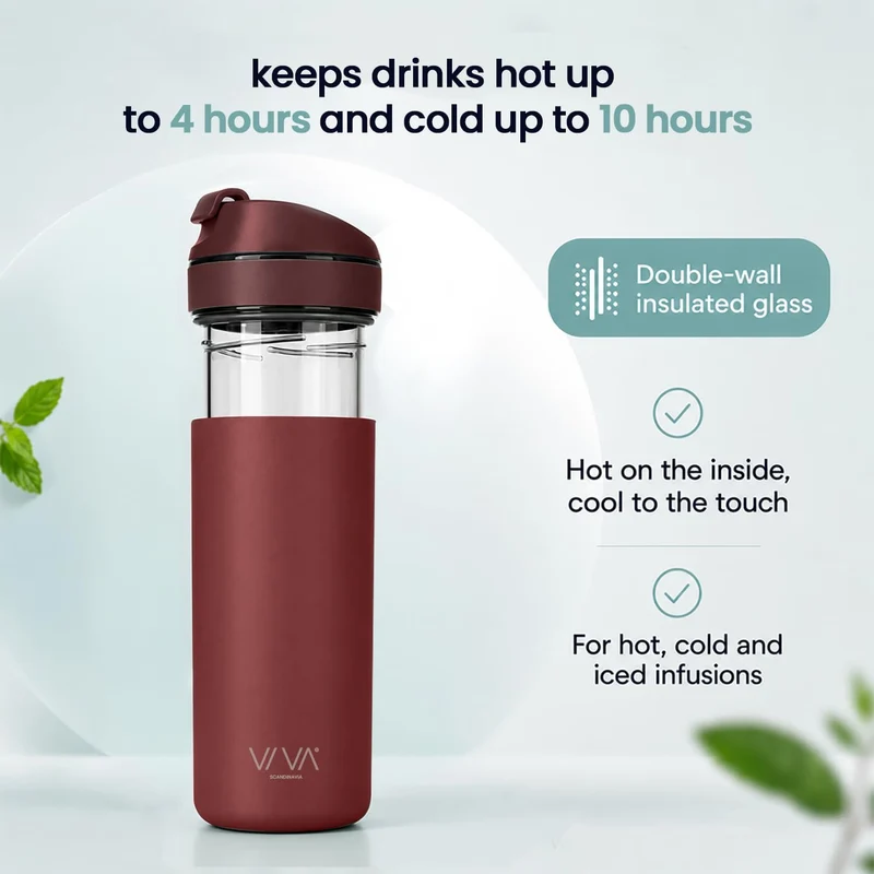 VIVA Recharge Teeflasche mit Sieb, Edelstahl isoliert, 470 ml, Cranberry | Doppelwandig isolierter E