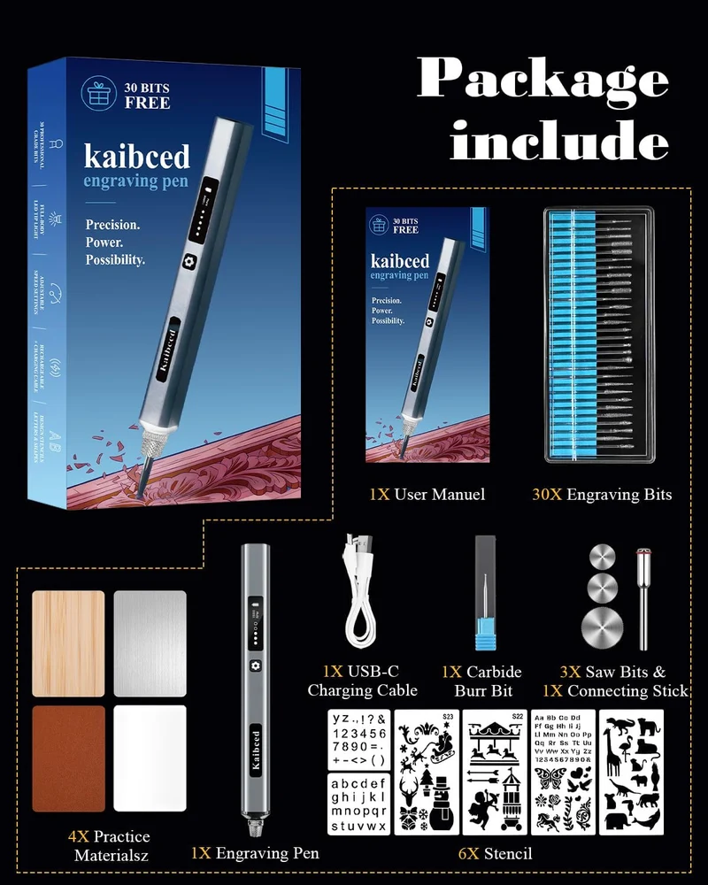 Drahtloses Gravierstift 48 Pcs & LED-Anzeige, 5-Gang für Metall, Holz, Glas, Kunststoff und alle Mat