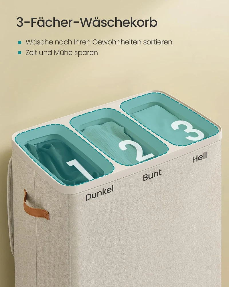 SONGMICS Wäschekorb, 190 L Wäschesammler 3 Fächer, Wäschesortierer, leichter Aufbau, mit Deckel und