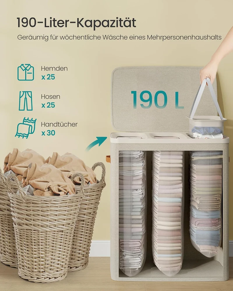 SONGMICS Wäschekorb, 190 L Wäschesammler 3 Fächer, Wäschesortierer, leichter Aufbau, mit Deckel und
