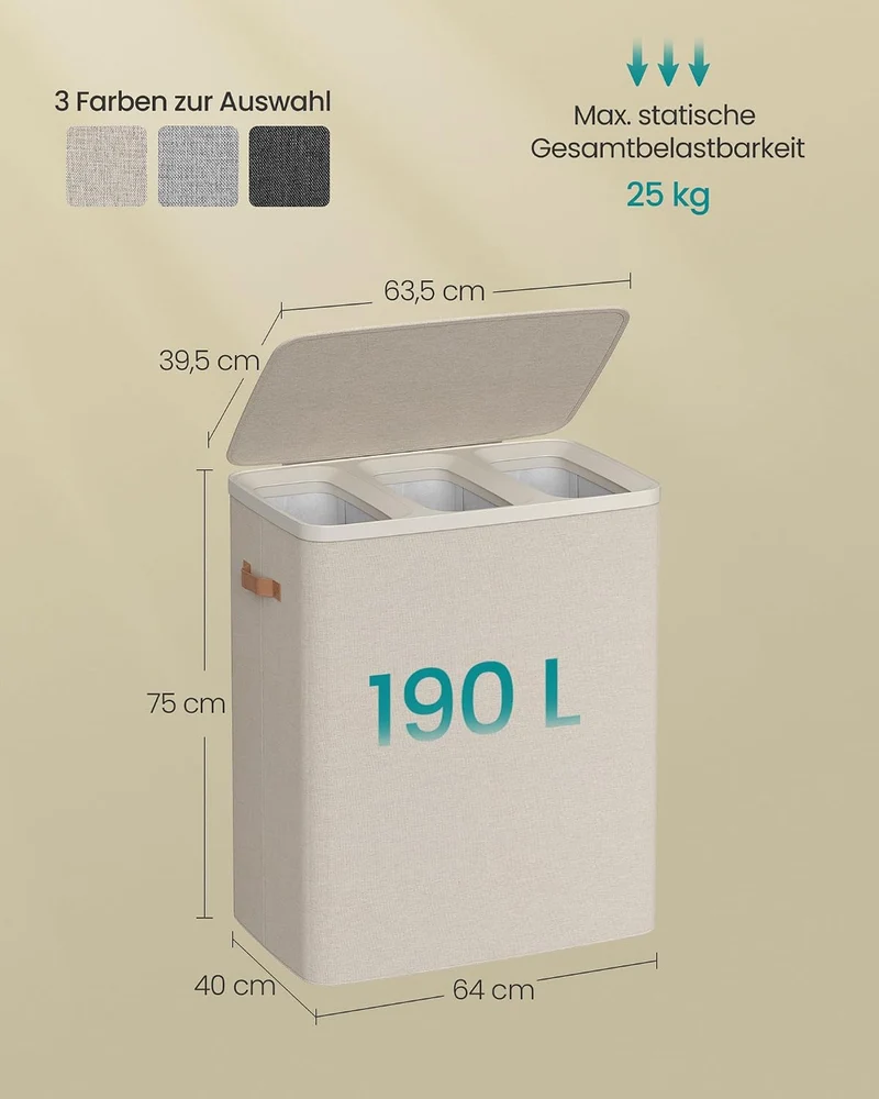 SONGMICS Wäschekorb, 190 L Wäschesammler 3 Fächer, Wäschesortierer, leichter Aufbau, mit Deckel und