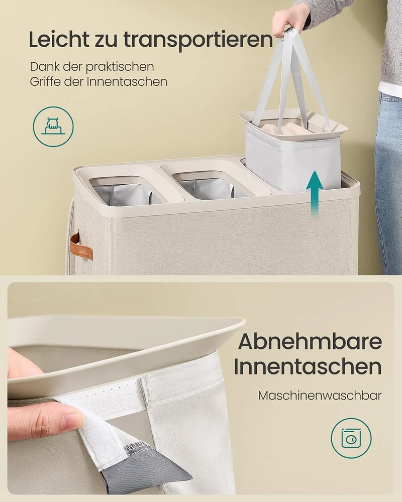 SONGMICS Wäschekorb, 190 L Wäschesammler 3 Fächer, Wäschesortierer, leichter Aufbau, mit Deckel und