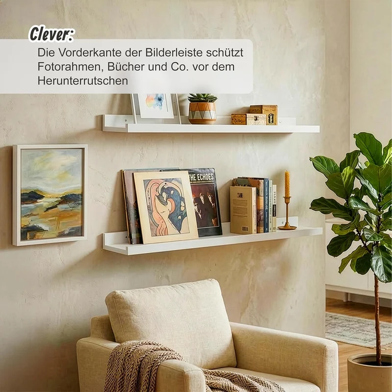 Relaxdays Wandregal, HxBxT: 5 x 100 x 15 cm, Walnussholz, Schweberegal für Bilderrahmen & Deko, Bild