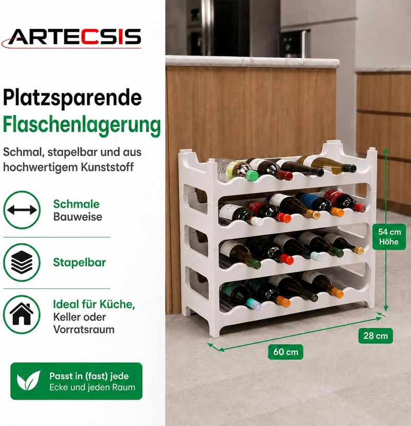 ARTECSIS® Weinregal stapelbar & modular erweiterbar Kunststoff für 24 Weinflaschen (weiss) - Stabile