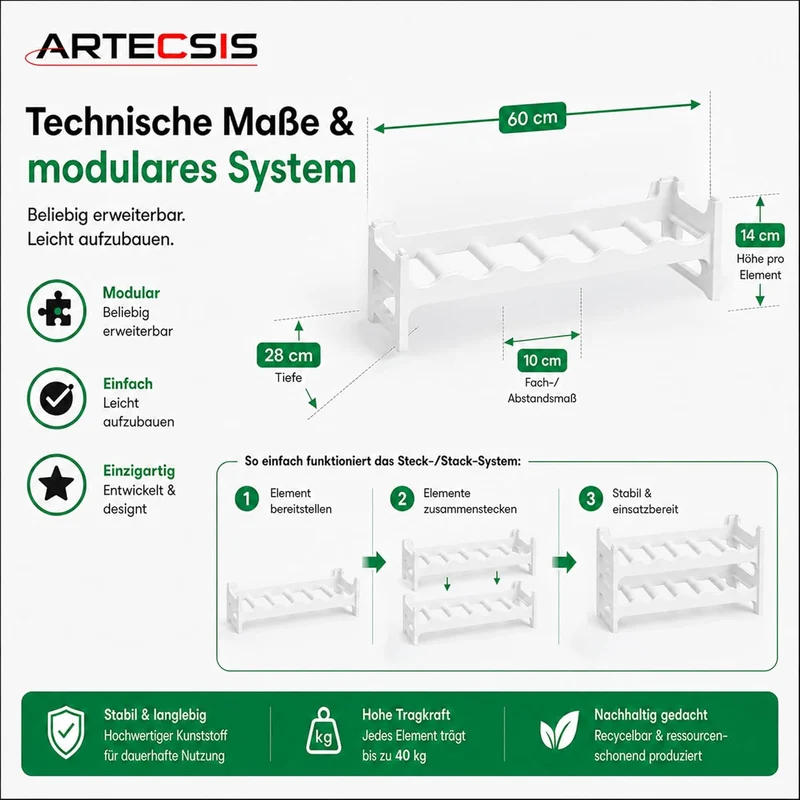 ARTECSIS® Weinregal stapelbar & modular erweiterbar Kunststoff für 24 Weinflaschen (weiss) - Stabile