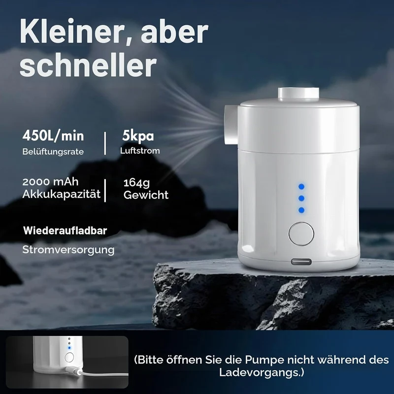 Mojimdo Tragbare Elektrische Luftpumpe, 5000 Pa Pumpe Akku, 450L/Min, Kompakte Air Pump mit 4 Düsen,