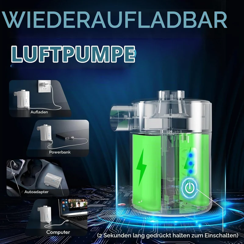 Mojimdo Tragbare Elektrische Luftpumpe, 5000 Pa Pumpe Akku, 450L/Min, Kompakte Air Pump mit 4 Düsen,