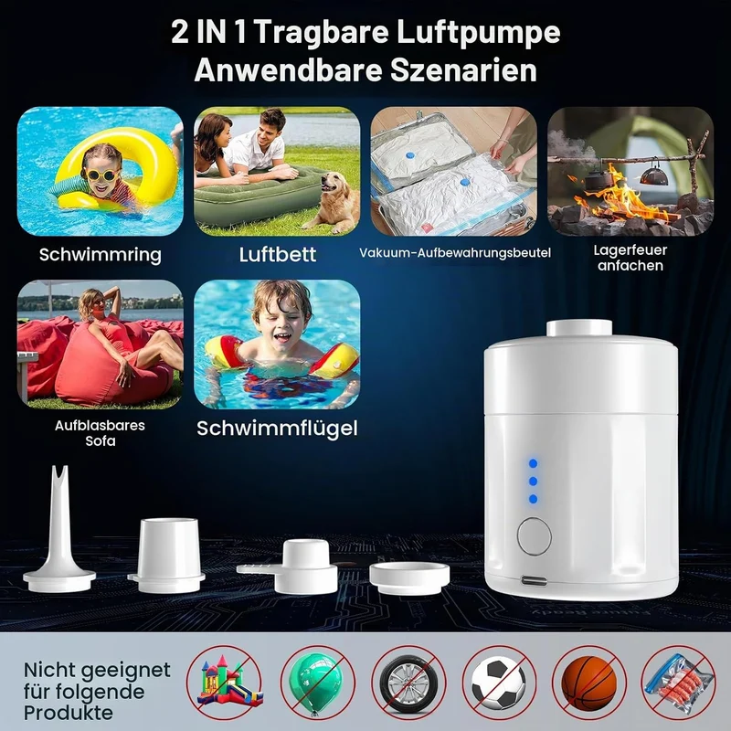 Mojimdo Tragbare Elektrische Luftpumpe, 5000 Pa Pumpe Akku, 450L/Min, Kompakte Air Pump mit 4 Düsen,