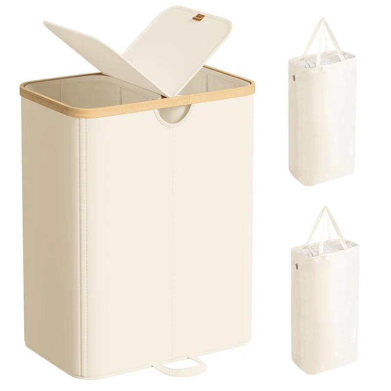 SONGMICS Wäschekorb 2 Fächer, Wäschesammler, 150 Liter, Wäschesortierer mit Deckel, Wäschetonne, Wäs