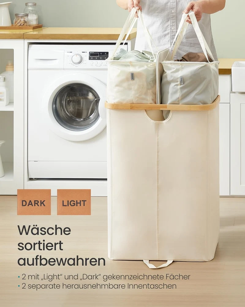 SONGMICS Wäschekorb 2 Fächer, Wäschesammler, 150 Liter, Wäschesortierer mit Deckel, Wäschetonne, Wäs