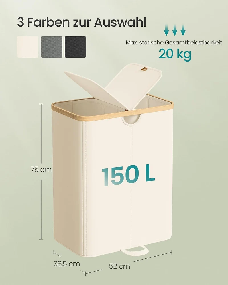 SONGMICS Wäschekorb 2 Fächer, Wäschesammler, 150 Liter, Wäschesortierer mit Deckel, Wäschetonne, Wäs
