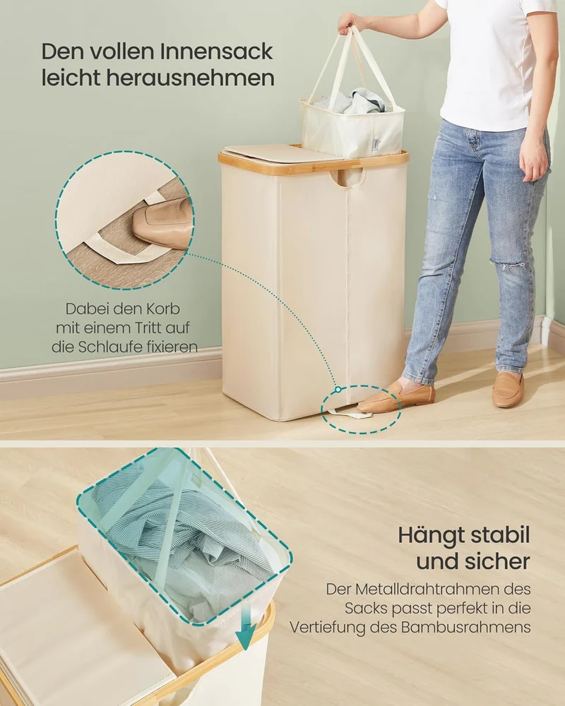 SONGMICS Wäschekorb 2 Fächer, Wäschesammler, 150 Liter, Wäschesortierer mit Deckel, Wäschetonne, Wäs