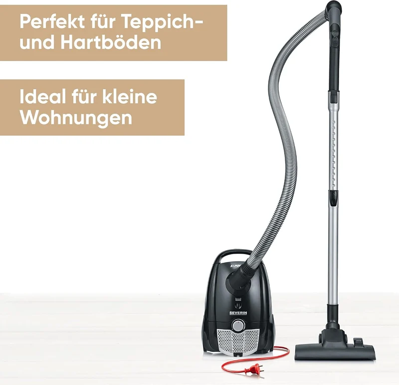 SEVERIN Staubsauger mit Beutel, kompakter Bodenstaubsauger für Teppich- und Hartböden, kraftvoller u