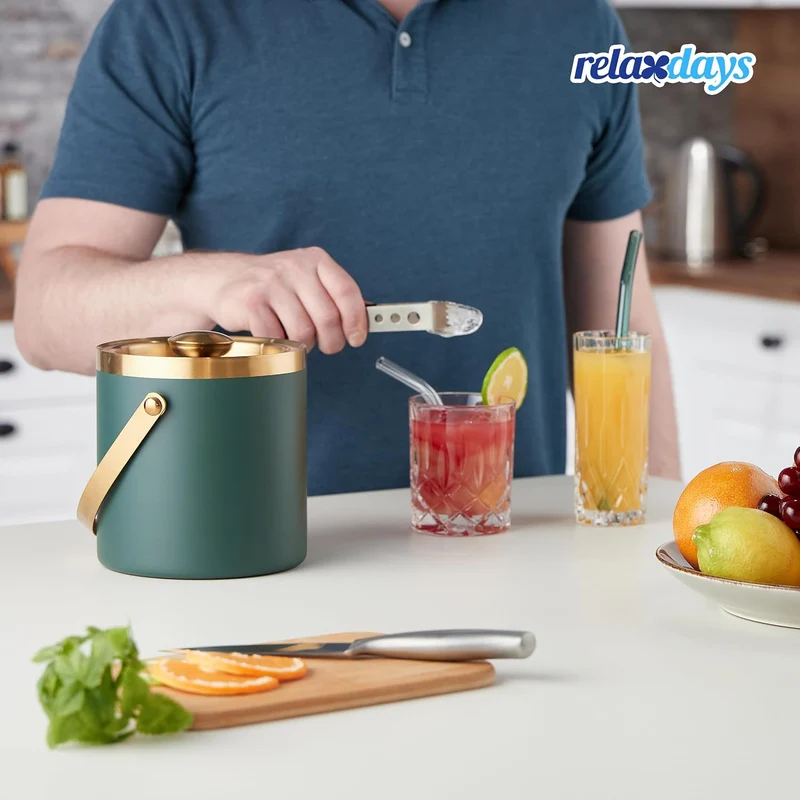 Relaxdays Eiswürfelbehälter, Edelstahl, doppelwandig, Eiseimer mit Deckel & Henkel, 1,5 l, Eiswürfel