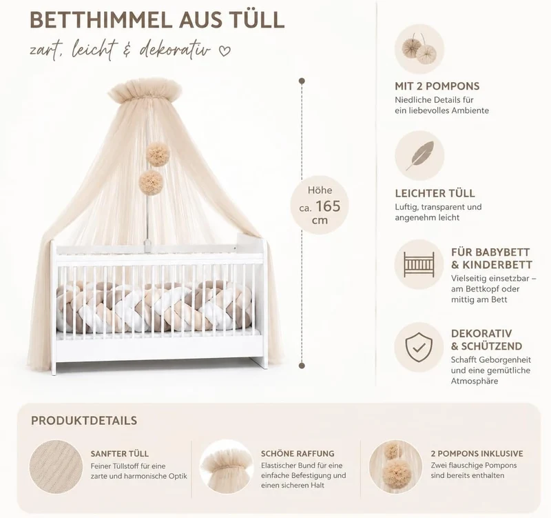 Babybetthimmel aus Tüll, Betthimmel für Babybett, Prinzessin Babywiege, Beistellbett Baby, Moskitone