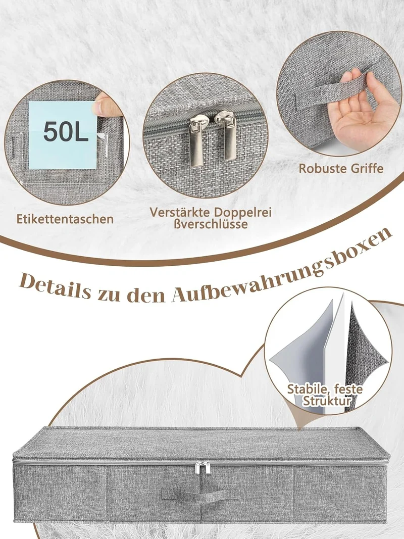 mepure Unterbett Aufbewahrungsbox, 2 Stück – 50L Faltbare Unterbettkommode mit Deckel & Doppelreissv