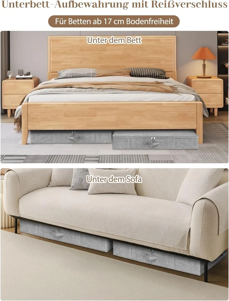 mepure Unterbett Aufbewahrungsbox, 2 Stück – 50L Faltbare Unterbettkommode mit Deckel & Doppelreissv