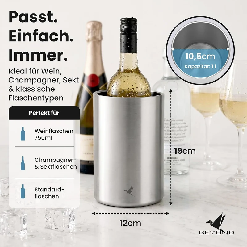 Beyond Flaschenkühler für Wein, Champagner und Sekt Flaschen I Doppelwandiger Edelstahl Sektkühler -