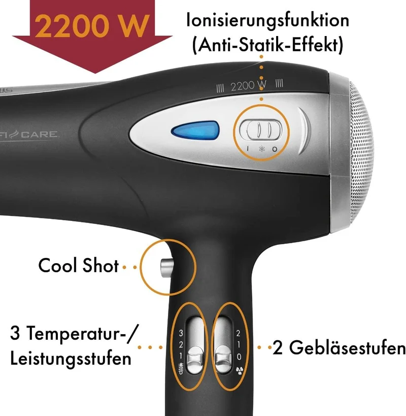 ProfiCare® Haartrockner mit Ionisierungsfunktion 2200W | extra leichter Reiseföhn 3 Leistungsstufen