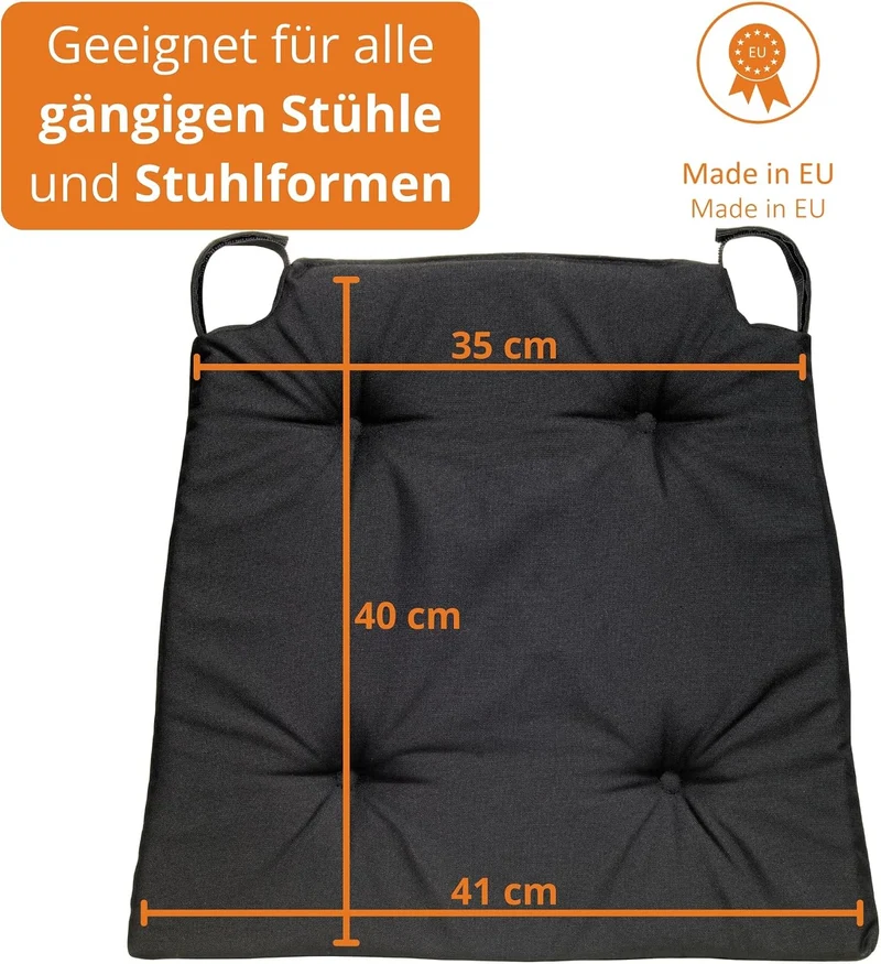 sleepling 4er Set Stuhlkissen, 42 (vorne) 35 (hinten) x40x5 cm, Sitzkissen für Stuhl & Bank mit Klet